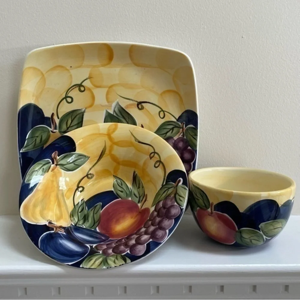 Pier 1 Farmhouse blue yellow ceramic hand-painted Platter Bowls Servewar…